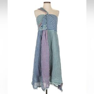 Maeve Anthropologie Gingham‎ Plaid Blue Purple One Shoulder Dress Sz 10 NWT
